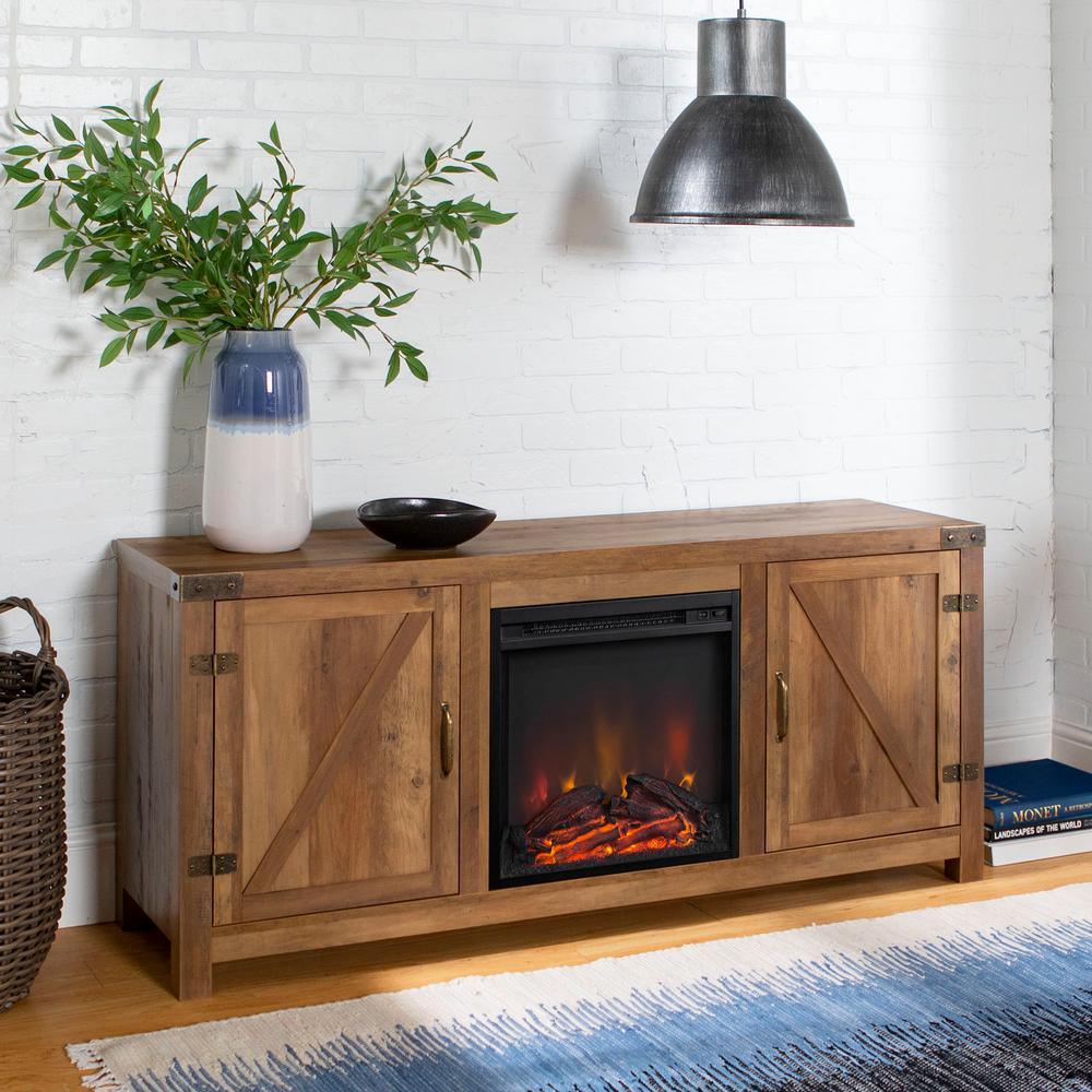 58 in. Rustic Barnwood Modern Farmhouse Barn Door Fireplace TV Stand Storage Console - Super Arbor