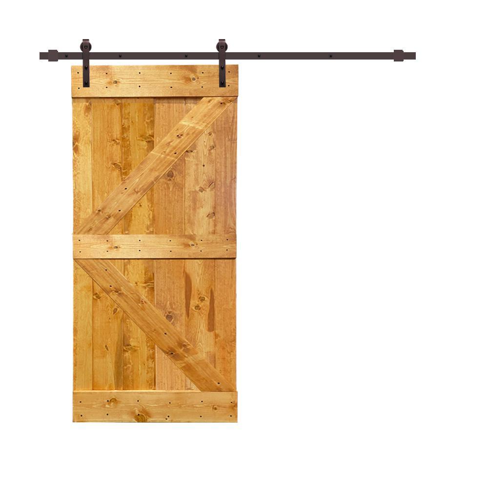 Distressed K 42 in. x 84 in. Walnut Stained Solid Knotty Pine Wood Interior Sliding Barn Door with Hardware Kit - Super Arbor