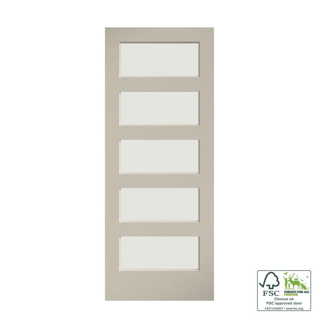 36 in. x 84 in. 5 Frosted Glass Solid Core White Finished Interior Barn Door Slab