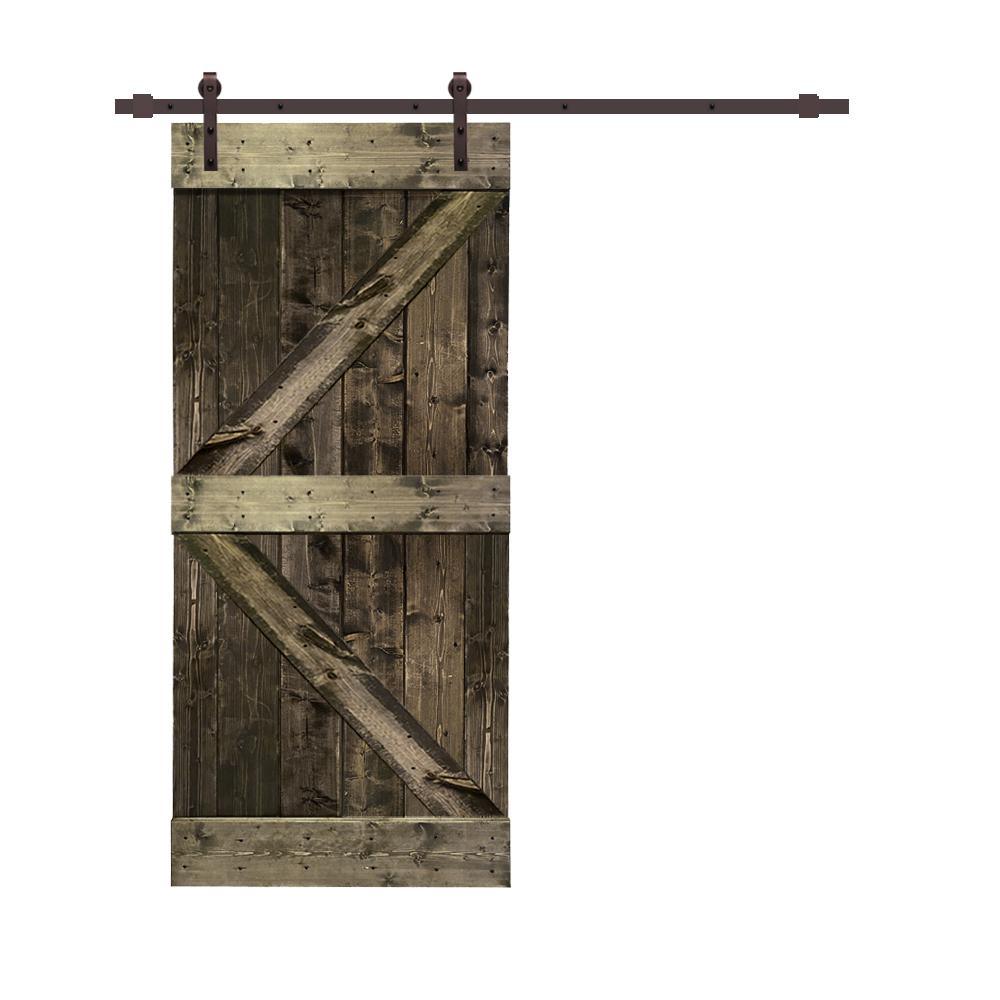Distressed K 42 in. x 84 in. Walnut Stained Solid Knotty Pine Wood Interior Sliding Barn Door with Hardware Kit - Super Arbor