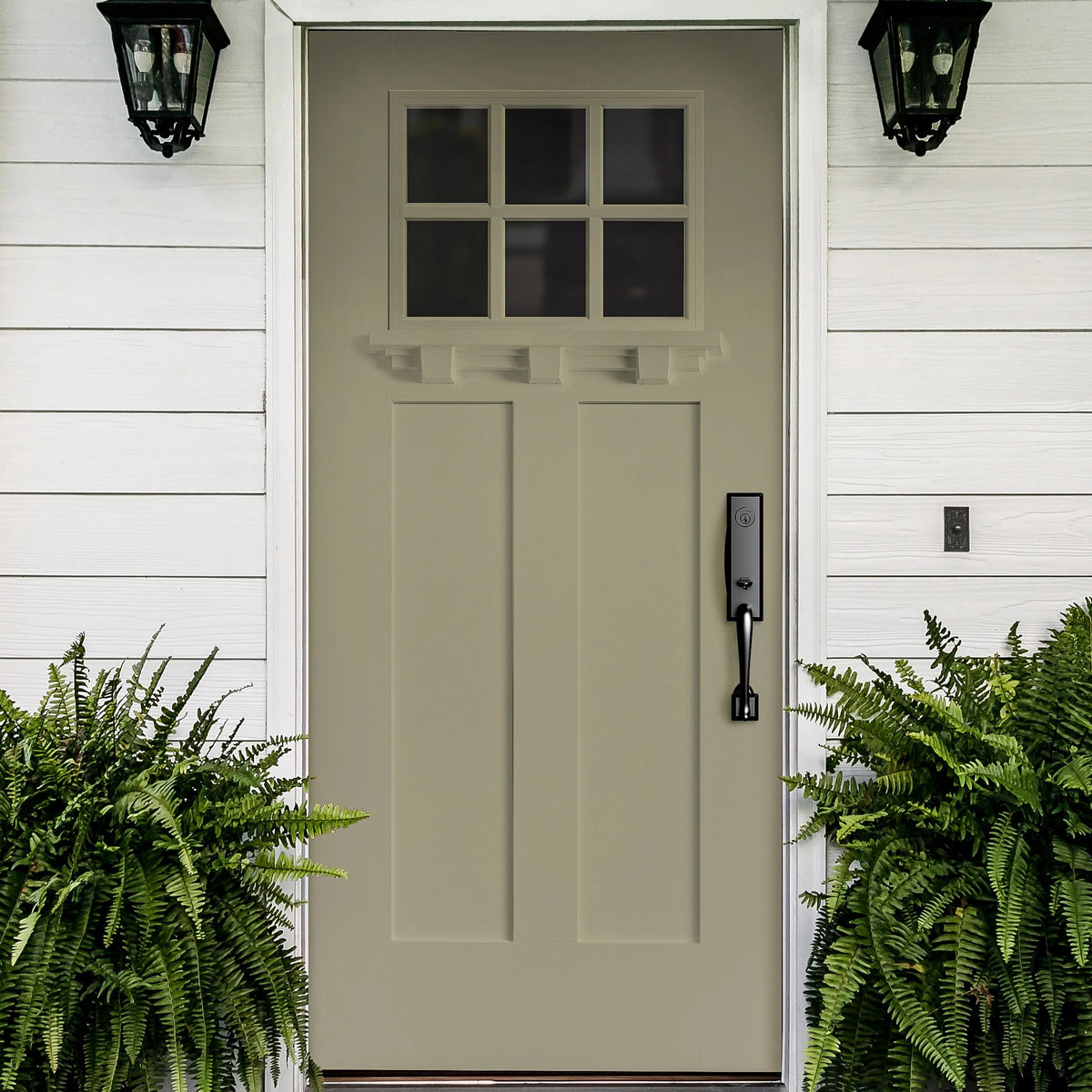 Pella 36-in x 80-in Fiberglass Craftsman Left-Hand Inswing Sage Painted Prehung Single Front Door with Brickmould, Insulating Core