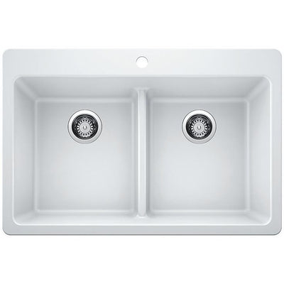 Glacier Bay Drop-in/Undermount Granite Composite 33 in. 1-Hole 50/50 Double Bowl Kitchen Sink with Low Divide White
