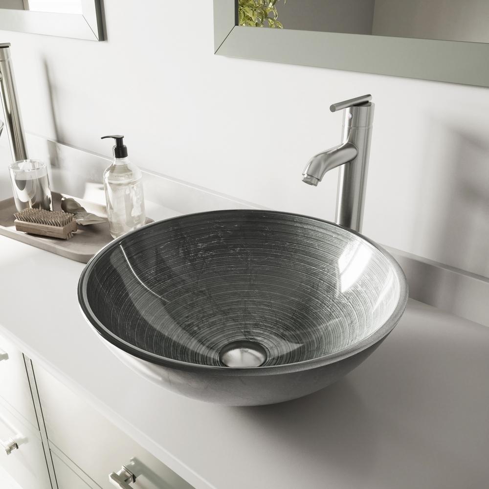 Glass Vessel Bathroom Sink in Gray Onyx and Seville Faucet Set in Matte Black - Super Arbor