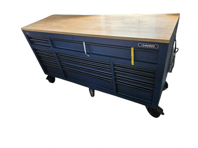 72 in. 18-Drawer Mobile Workbench with Adjustable-Height Solid Wood Top in Matte Blue