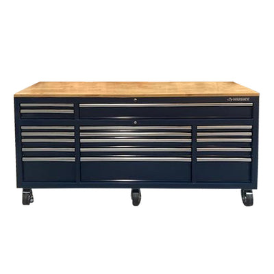 Husky 72 in. 18-Drawer Mobile Workbench with Solid Wood Top in Gloss Blue