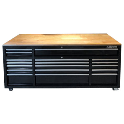 Husky 72 in. W 18-Drawer, Deep Tool Chest Mobile Workbench in Gloss Black with Hardwood Top