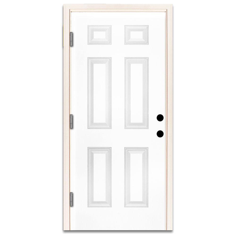 30 in. x 80 in. Premium 6-Panel Primed White Steel Prehung Front Door Left-Hand Outswing and 4 in. Wall - Super Arbor
