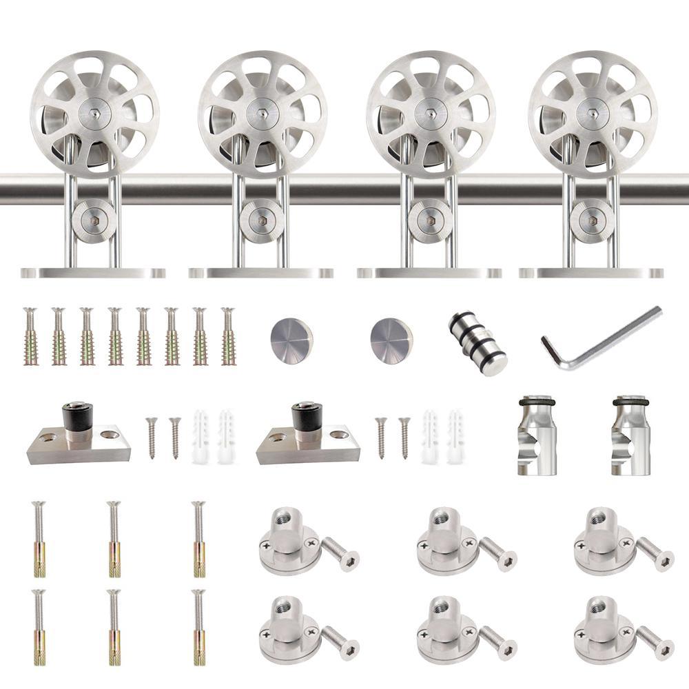 8 ft./96 in. Stainless Steel Sliding Spoke Wheel Barn Door Hardware Kit for Double Door with Non-Routed Floor Guide - Super Arbor