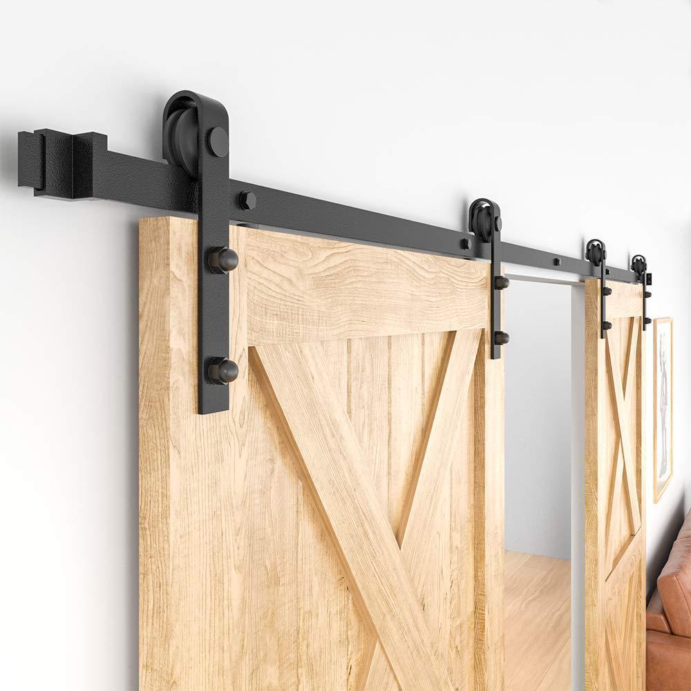 16 ft. /192 in. Frosted Black Sliding Barn Door Hardware Track Kit for Double Doors with Non-Routed Floor Guide - Super Arbor