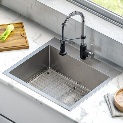 Loften All-in-One Dual Mount Stainless Steel 25in. Single Bowl Kitchen Sink with Pull Down Faucet in Black and Steel
