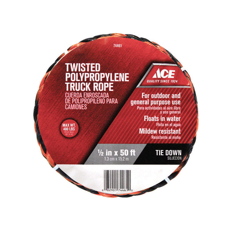 Ace 1/2 in. x 50 ft Black/Orange Twisted Polypropylene Truck Rope ...