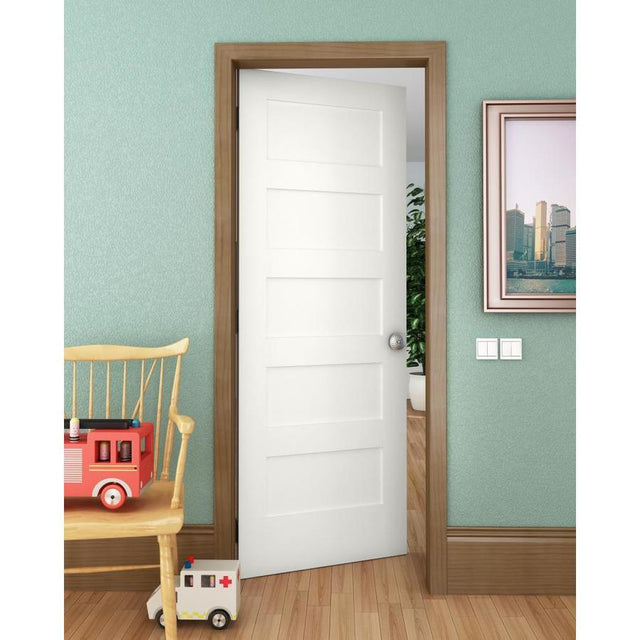 American Building Supply Shaker 28-in x 80-in Primed White 5-Panel Square Solid Core Primed Pine MDF Slab Door