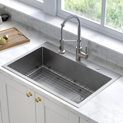 Loften All-in-One Dual Mount Stainless Steel 33in. Single Bowl Kitchen Sink with Pull Down Faucet in Chrome and Steel