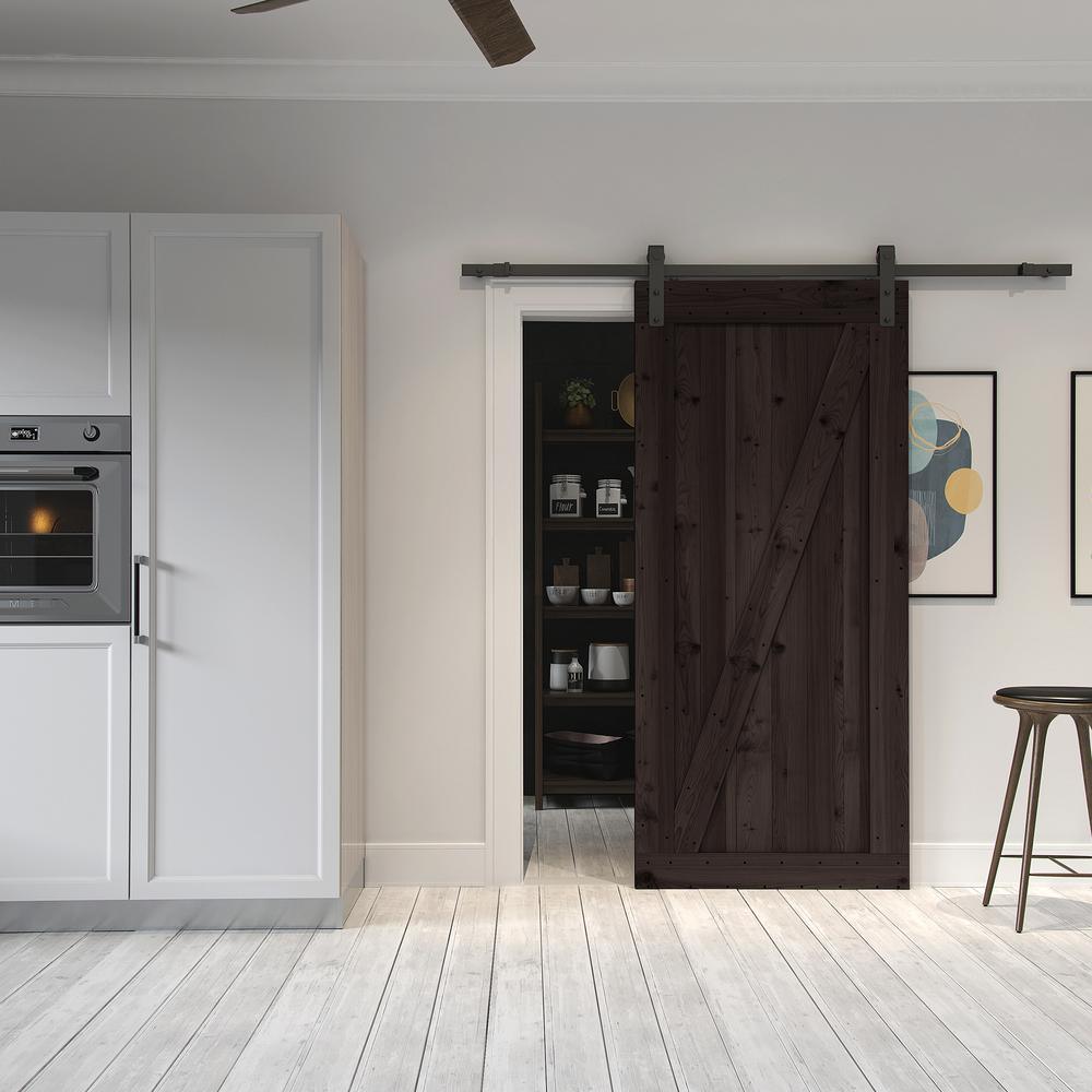 36 in. x 84 in. Canadian Hemlock Distressed Smoke Sliding Barn Door with Hardware Kit - Super Arbor
