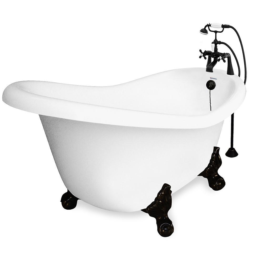 71 in. Acrylic Slipper Clawfoot Non-Whirlpool Bathtub in White w/ Large Ball, Claw Feet Faucet in Old World Bronze - Super Arbor