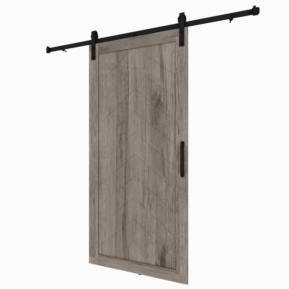 37 in. x 84 in. Herringbone Grey Finished Vinly Sliding Barn Door with Black Hardware Kit - Super Arbor