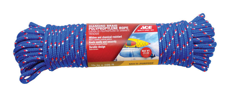 Ace 3/8 in. x 100 ft Diamond-Braided Polypropylene Rope, Assorted Colo ...