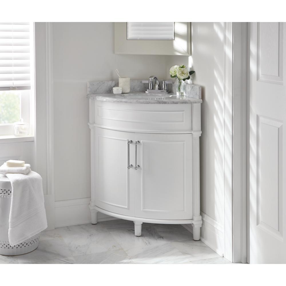 Aberdeen 32 in. W x 23 in. D Corner Vanity in White with Carrara Marble Top with White Sinks - Super Arbor