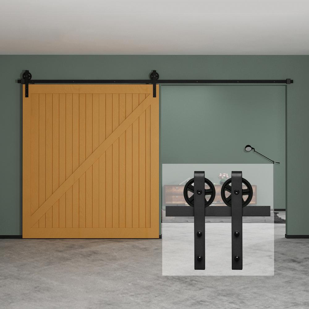 12 ft./144 in. Black Sliding Barn Door Track and Hardware Kit with Bigwheel J Shape Hanger for Single Door - Super Arbor