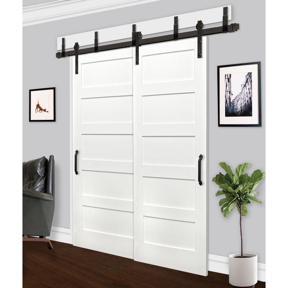 60 in. x 80 in. Bypass 5-Panel Solid Core Primed Pine Wood Sliding Barn Door with Bronze Hardware Kit, Soft Close - Super Arbor
