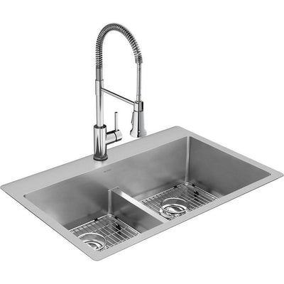 Crosstown Stainless Steel 33 in. Equal Double Bowl Dual Mount Kitchen Sink Kit with Faucet and Aqua Divide