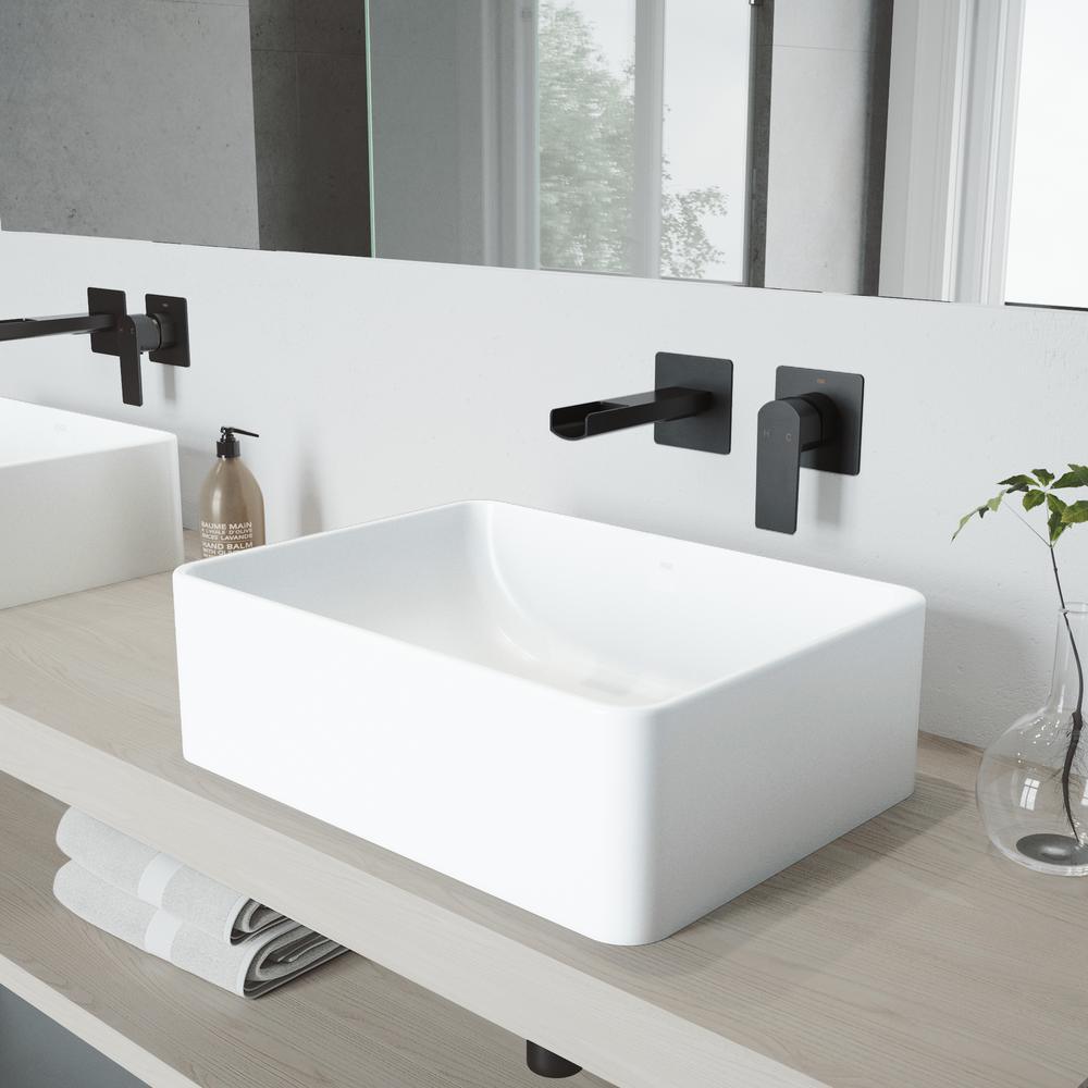 Amaryllis White Matte Stone Vessel Bathroom Sink Set with Atticus Wall Mount Faucet in Matte Black - Super Arbor