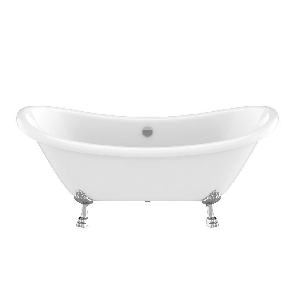 Belissima 69.29 in. Acrylic Double Slipper Clawfoot Non-Whirlpool Bathtub in White with Chrome Lion's Paw Feet - Super Arbor