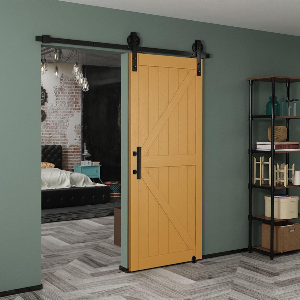 6.6 ft./79 in. Black Steel Strap Sliding Barn Door Track and Hardware Kit with 12 in. Square Handle and Floor Guide - Super Arbor