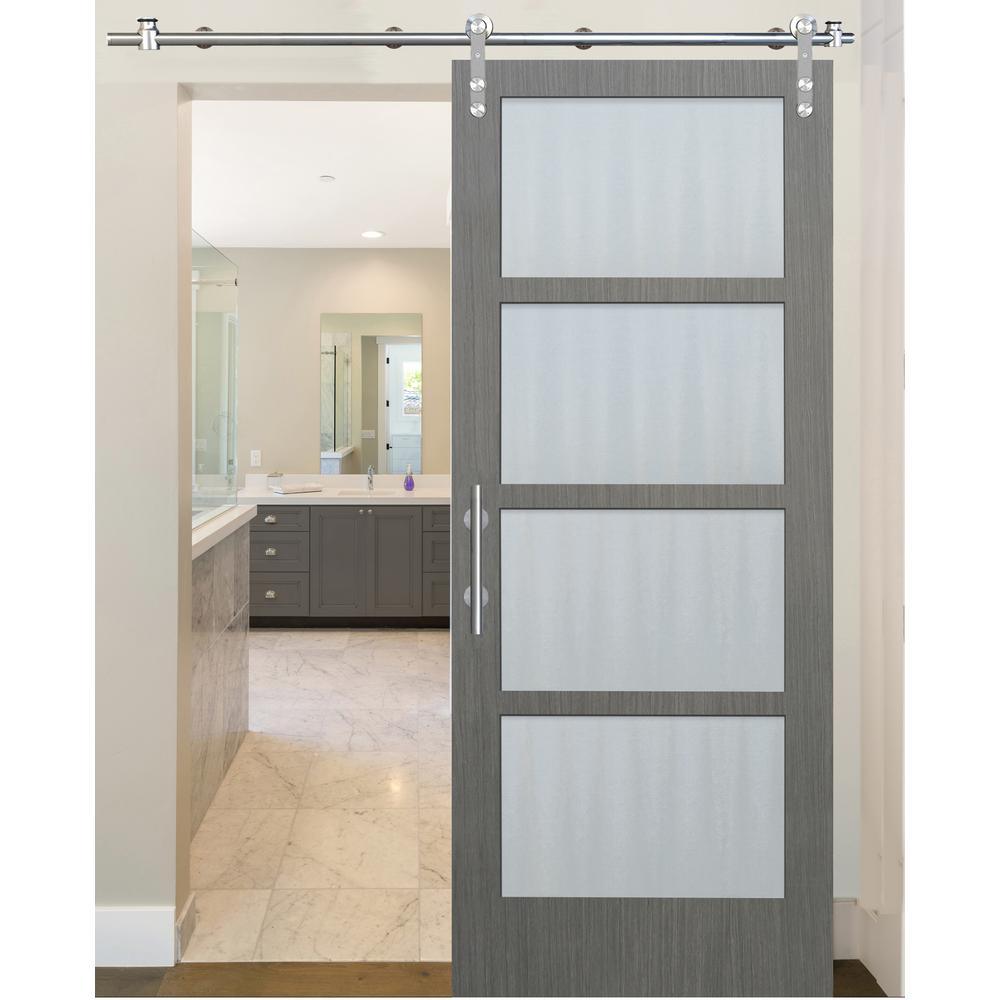 36 in. x 84 in. 4-Lite Driftwood Clear Coat Interior Sliding Barn Door with Round Stainless Steel Hardware Kit - Super Arbor