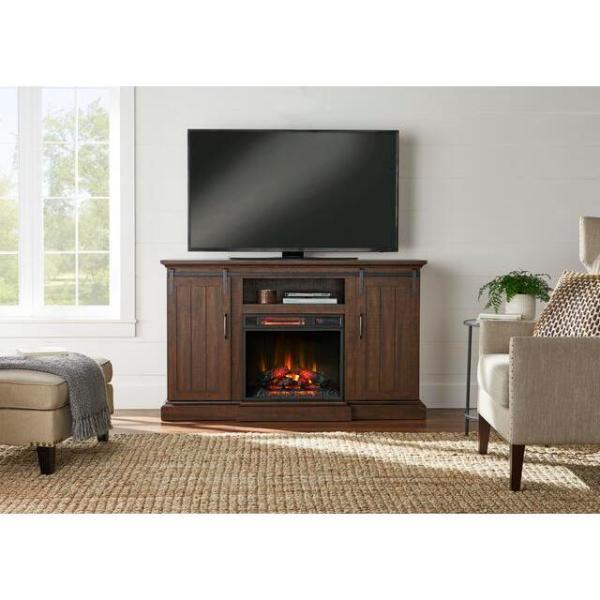 Kerrington 60 in. Freestanding Media Console Electric Fireplace with Barn Door in Rustic Walnut - Super Arbor