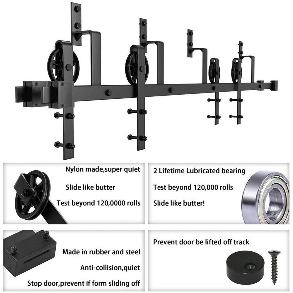 12 ft./144 in. Black Sliding Bypass Barn Door Hardware Track Kit for Double Doors with Non-Routed Floor Guide - Super Arbor