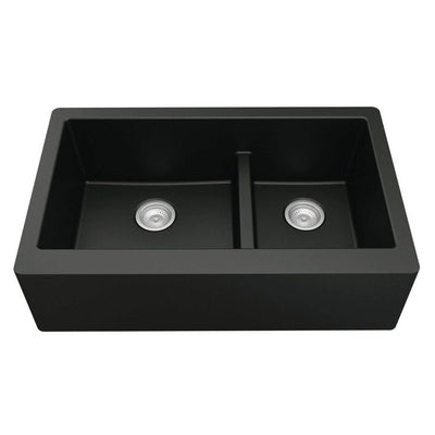 Farmhouse Apron Front Quartz Composite 34 in. Double Offset Bowl Kitchen Sink in Black