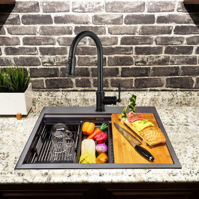 All-in-One Matte Black Finished Stainless Steel 25 in. x 22 in. Single Bowl Drop-in Kitchen Sink with Pull-down Faucet