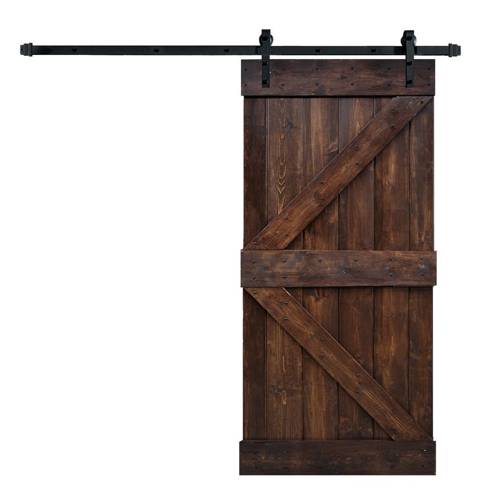 42 in. x 84 in. K-Series Dark Walnut DIY Finished Knotty Pine Wood Sliding Barn Door Slab with Hardware Kit - Super Arbor