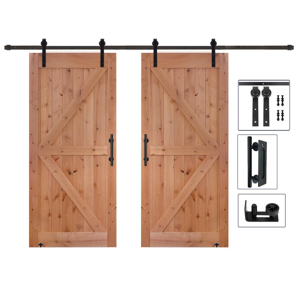 60 in. x 84 in. Assembled Bi-Parting Rustic Unfinished Hardwood Interior Sliding Barn Door Slab with Hardware Kit - Super Arbor
