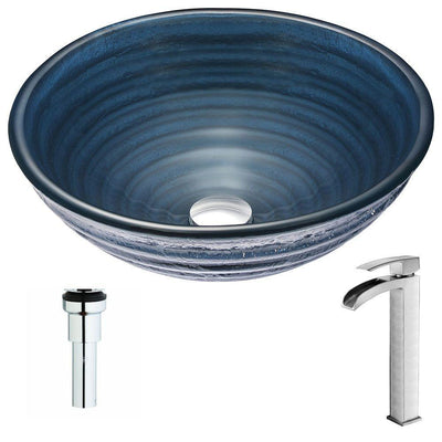 Tempo Series Deco-Glass Vessel Sink in Coiled Blue with Key Faucet in Brushed Nickel - Super Arbor