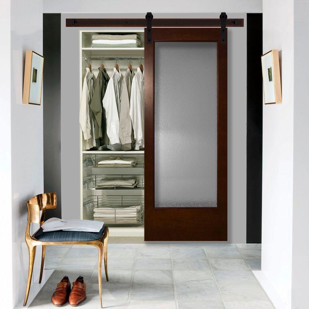 30 in. x 84 in. Modern Full Lite Rain Glass Stained Pine Interior Sliding Barn Door with Hardware Kit - Super Arbor