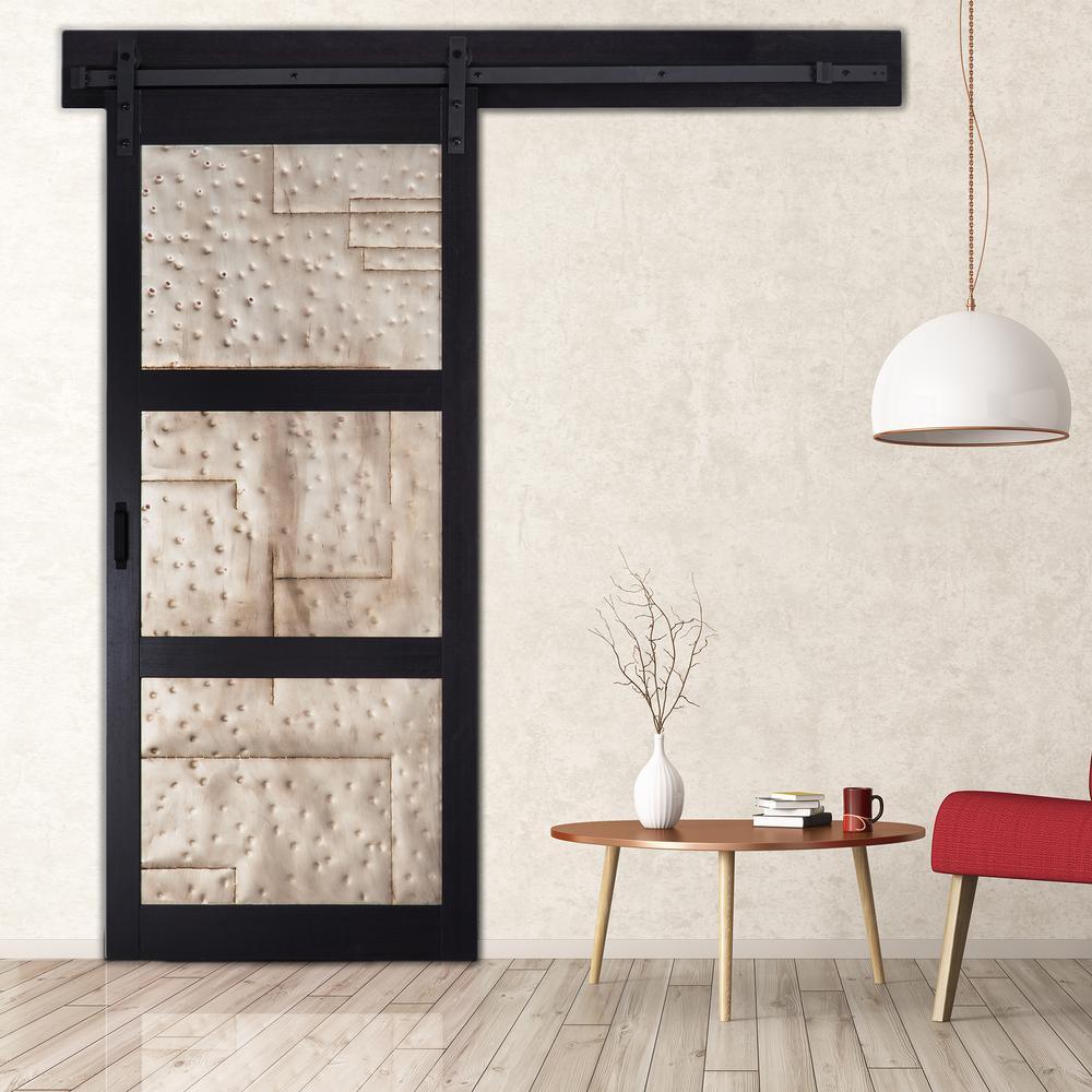 36 in. x 84 in. Metal Works Black Rustic T in. Inserts Solid Core Interior Sliding Barn Door with Rustic Hardware Kit - Super Arbor