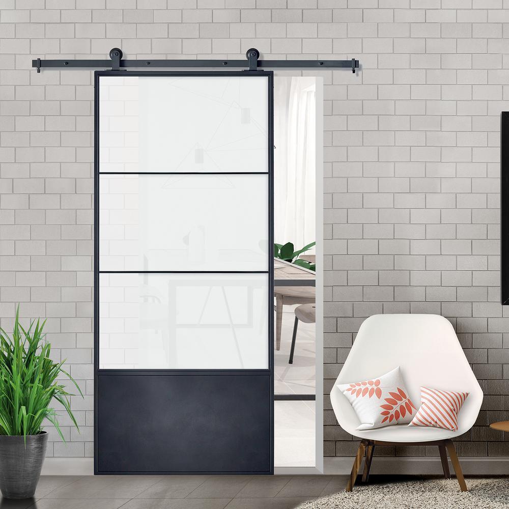 37in.x84in.x3 in.Concorde Epoxy Coated Steel Frame w/Frosted Tempered Glass Barn Door Interior Sliding Door Hardware Kit - Super Arbor