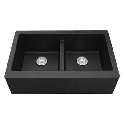 Farmhouse Apron Front Quartz Composite 34 in. Double Bowl Kitchen Sink in Black - Super Arbor