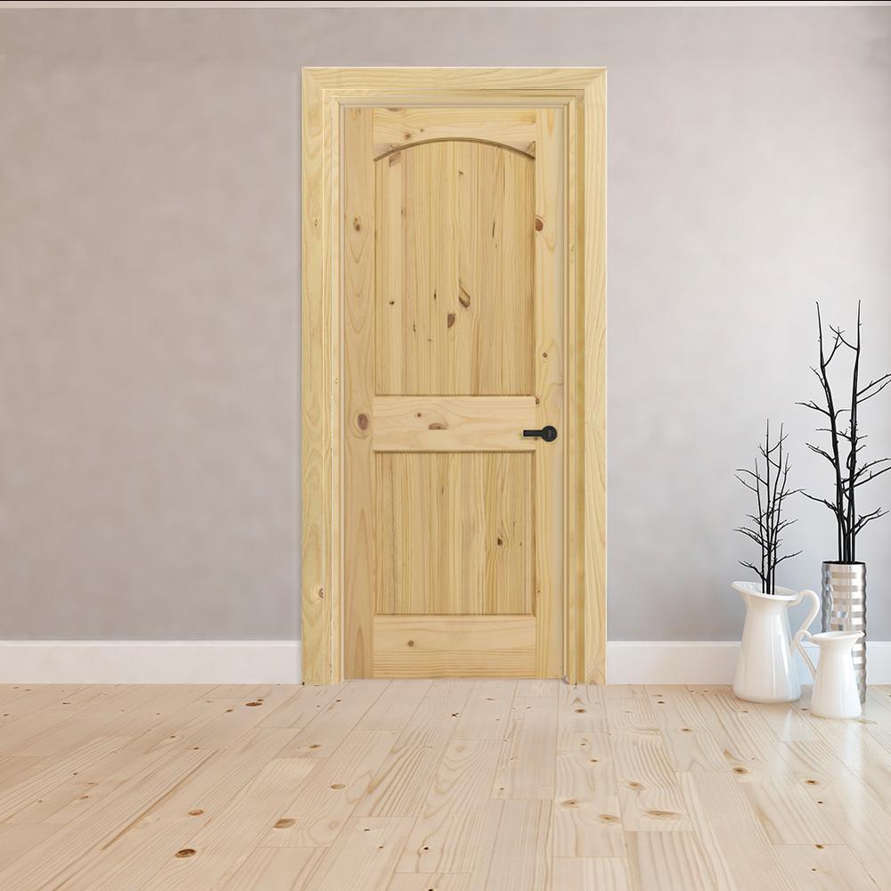 24 in. x 80 in. Universal 2-Panel Archtop Solid Unfinished Knotty Pine Wood V-Groove Interior Door Slab - Super Arbor
