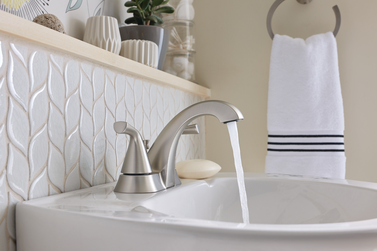 Moen Haber Spot Resist Brushed Nickel 2‑Handle 4‑in Centerset WaterSense Bathroom Sink Faucet with Drain