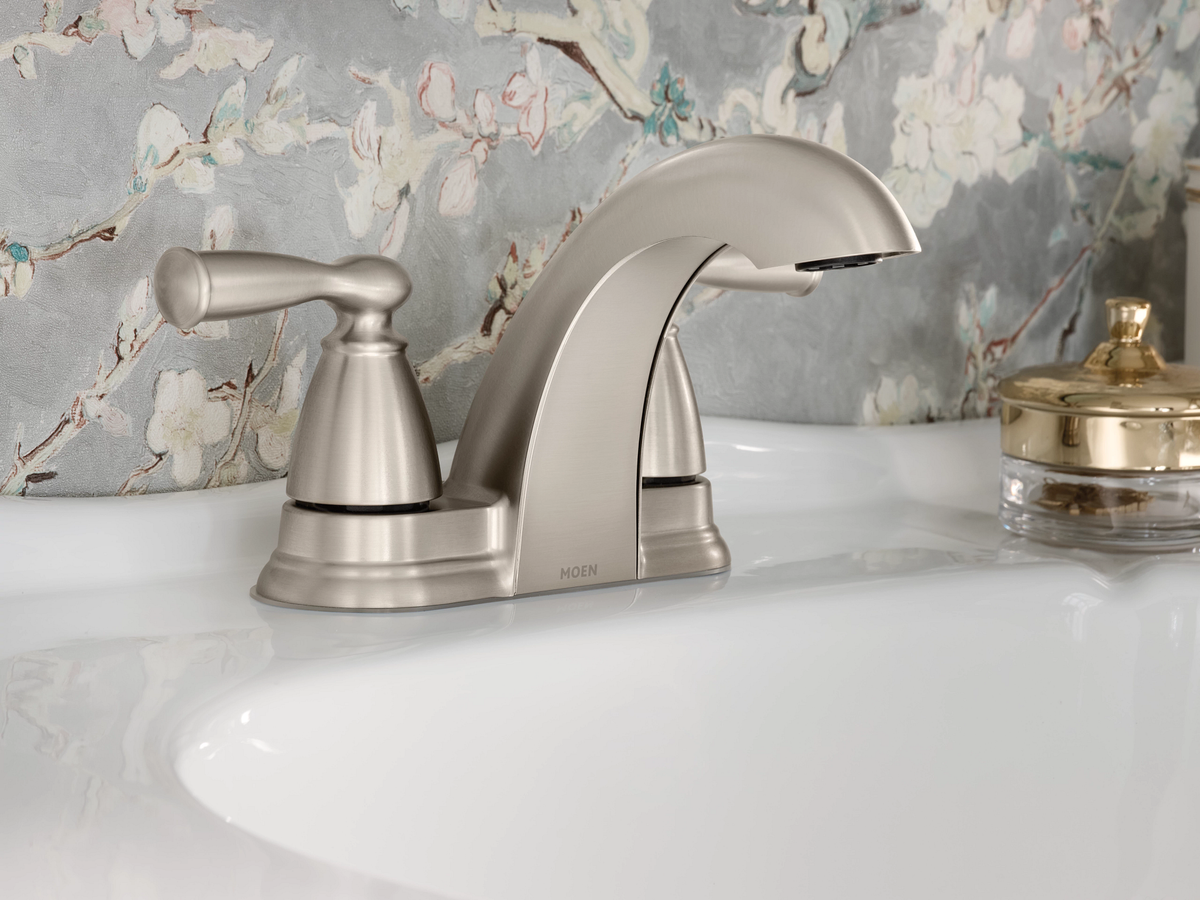 Moen Banbury 4 in. Centerset 2‑Handle Low‑Arc Bathroom Faucet, Spot Resist Brushed Nickel