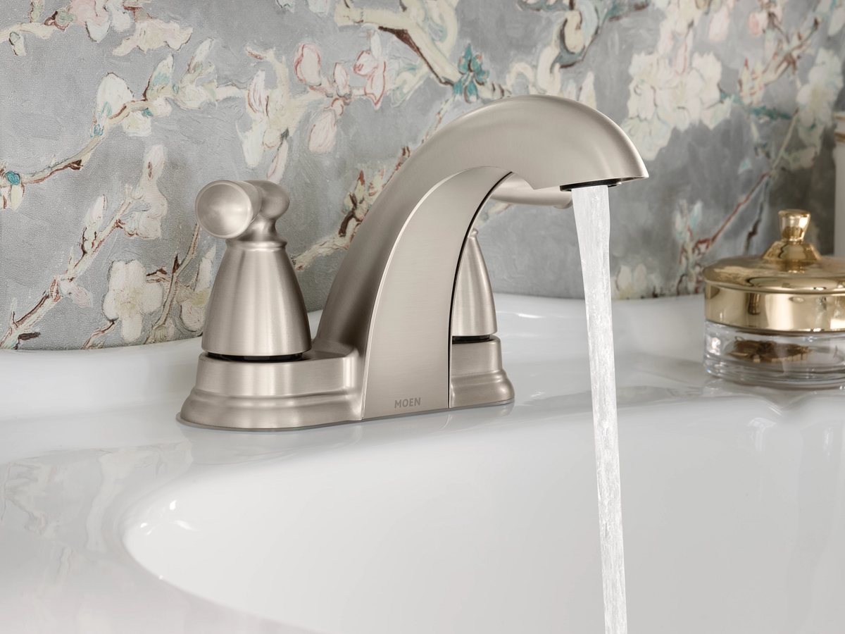 Moen Banbury 4 in. Centerset 2‑Handle Low‑Arc Bathroom Faucet, Spot Resist Brushed Nickel