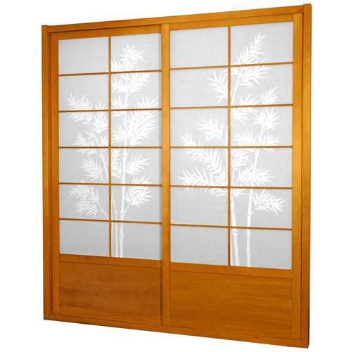 Red Lantern Oriental Furniture 72-in x 82-in Honey 2-Panel Square Stained Pine Wood Sliding Door (Hardware Included)