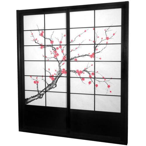 Red Lantern Oriental Furniture 72-in x 82-in Black 2-Panel Square Stained Pine Wood Sliding Door (Hardware Included)
