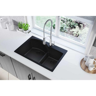 Quartz Classic Drop-In Composite 33 in. Rounded Offset Double Bowl Kitchen Sink in Black