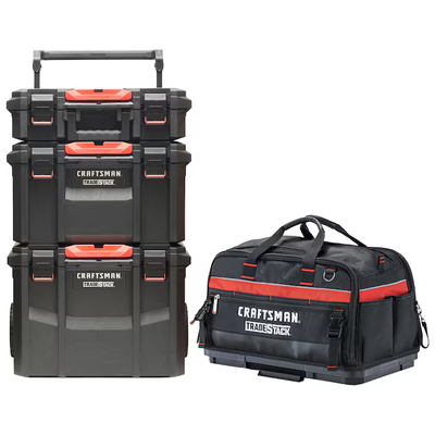 CRAFTSMAN TradeStack System Tower 22-in Black Plastic Wheels Lockable Tool Box & TRADESTACK System Black/Red Polyester 22.5-in Tool Bag