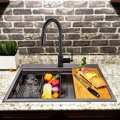 All-in-One Matte Black Finished Stainless Steel 33 in. x 22 in. Single Bowl Drop-in Kitchen Sink with Pull-down Faucet