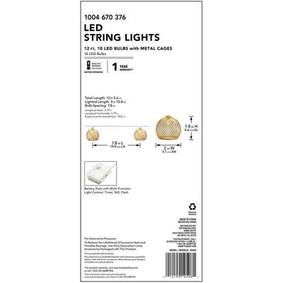 Indoor 12 ft. Battery Operated Metal Integrated LED String Lights (10-Light)
